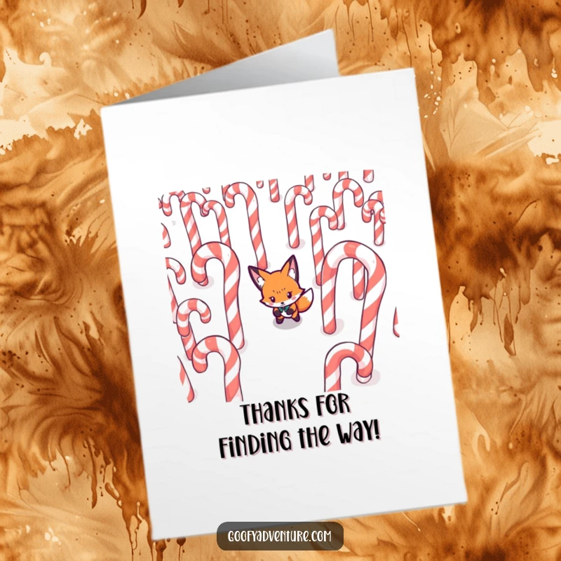 Funny Free Printable Fox Thank You Card: Determined fox navigating a candy cane maze, expressing thanks with clever humor.