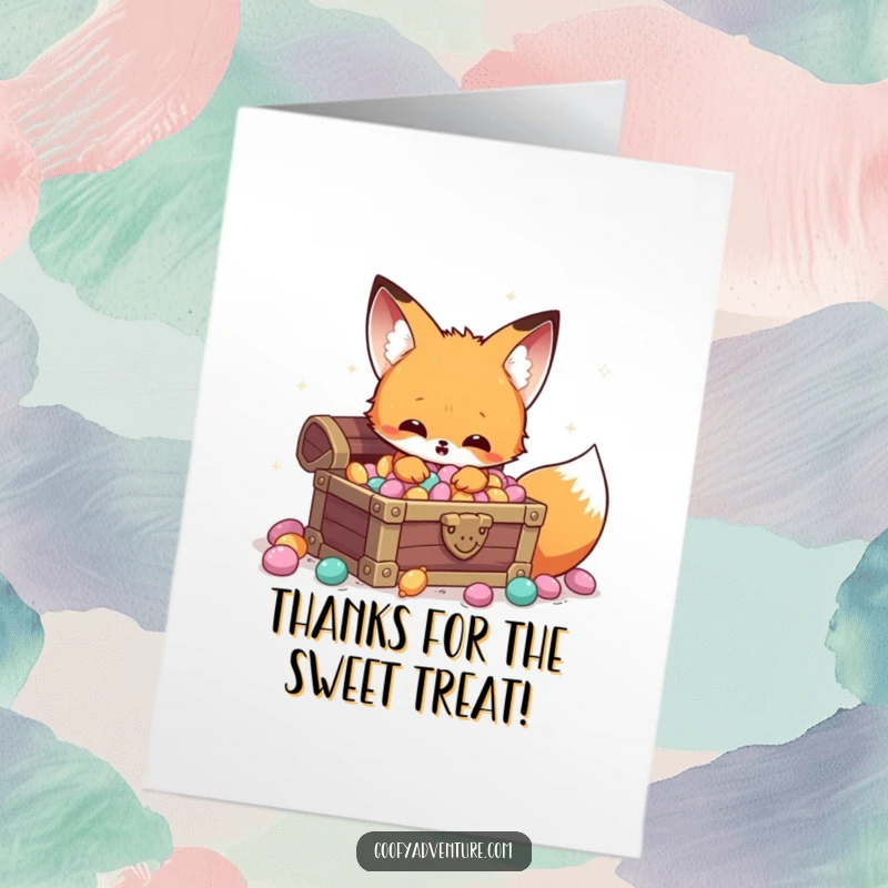 Funny Free Printable Thank You Card: Kawaii fox happily discovering a treasure chest filled with sparkling candy, expressing thanks.