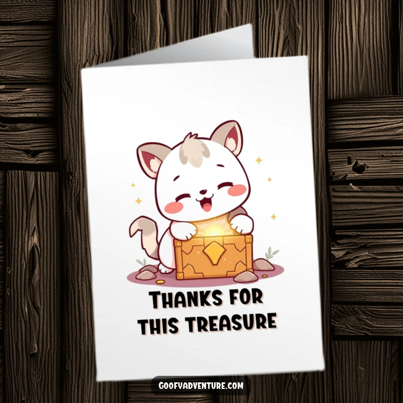 Funny Free Printable Thank You Card: Kawaii animal beaming at a glowing treasure chest, a valuable downloadable design.