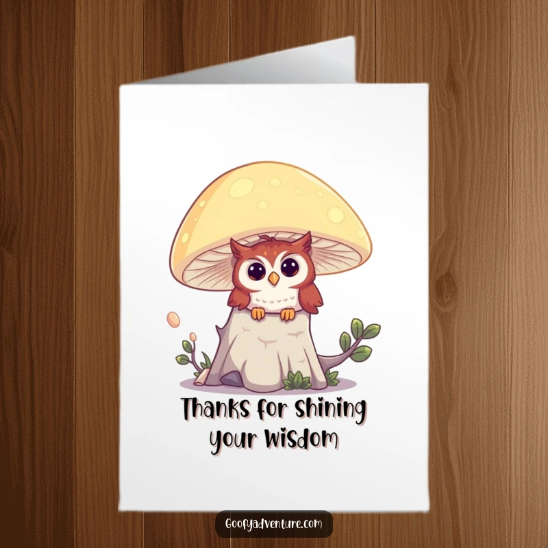 Funny Free Printable Owl peeking from behind a glowing mushroom, offering thanks and insight.