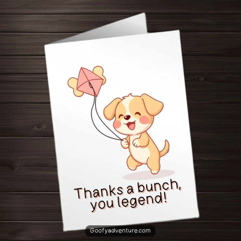Funny Free Printable Thank You Card: A happy puppy chases a kite that looks exactly like a giant bone.