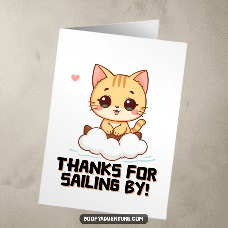 Funny Free Printable Thank You Card: A curious cat sails on a tiny cloud boat, conveying thanks with a serene and whimsical touch.