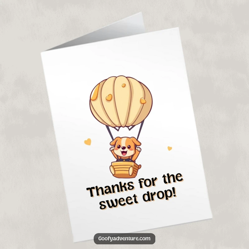 Funny Free Printable Thank You Card: Dog parachutes from a pancake hot air balloon, expressing thanks