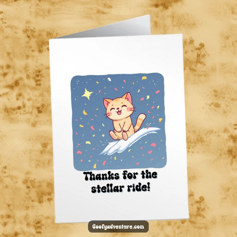 Funny Free Printable Thank You Card: Cat riding confetti wave, starry sky, expressing gratitude
