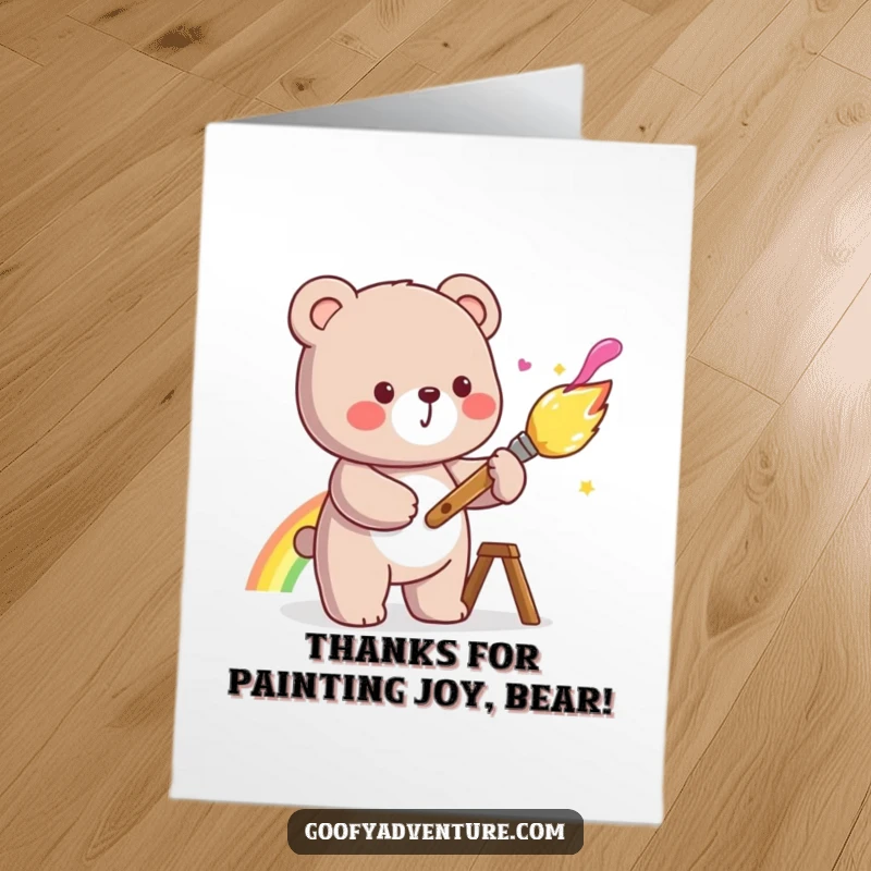 Funny Free Printable Thank You Card: A Kawaii bear happily paints a vibrant rainbow, bringing colorful thanks.