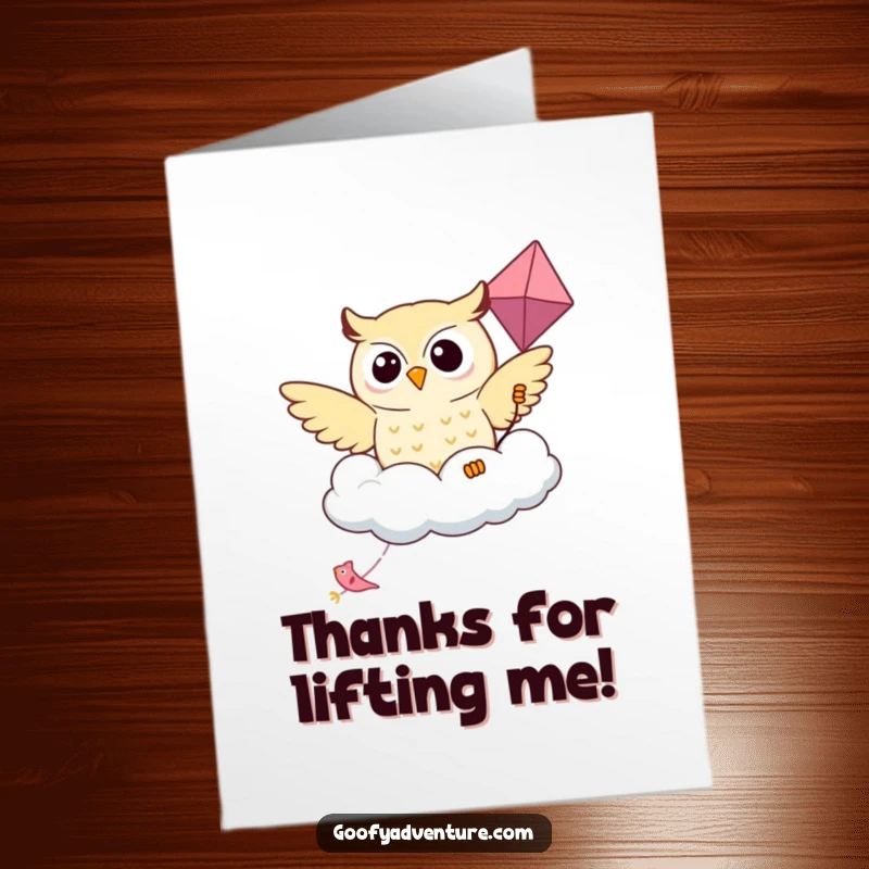 Funny Free Printable Thank You Card: Kawaii owl gracefully gliding on a cloud kite, sending thank you wishes from above.