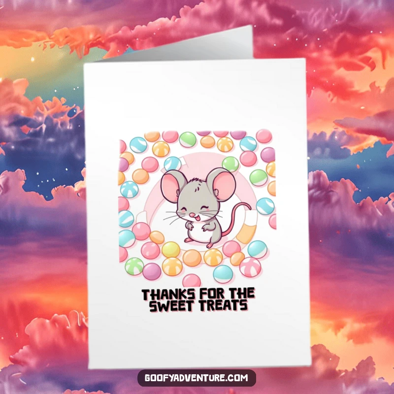 Free Printable Thank You Card: Giggling mouse in candy maze, expressing gratitude, sweet appreciation, funny gift, DIY.