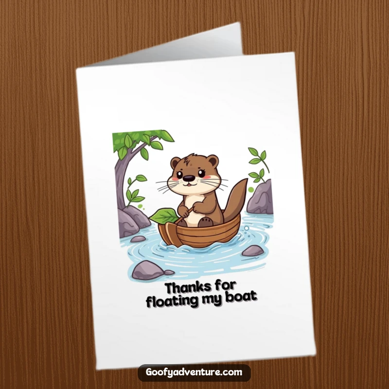 Funny Free Printable Thank You Card: A determined otter in a leaf boat expresses thanks while floating down a scenic river.