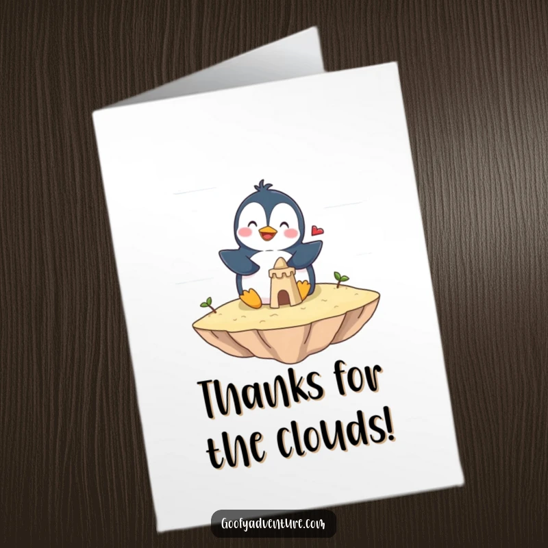 Funny Free Printable Thank You Card: Penguin giggling building sandcastle on a cloud island, expressing thanks