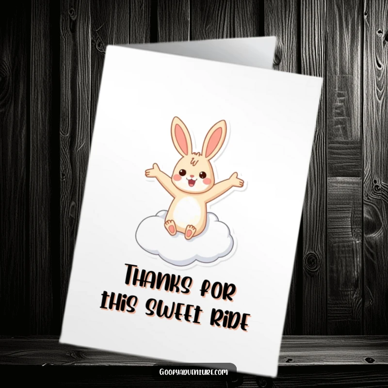 Funny Free Printable Thank You Card: Cheerful rabbit riding a cloud, arms wide, sending thanks from the sky.