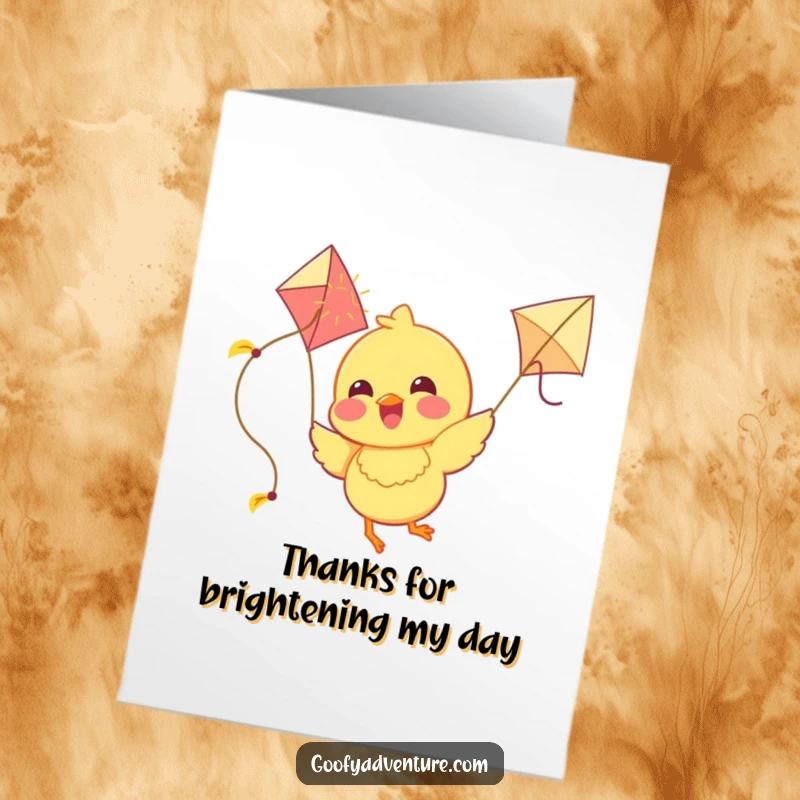 Funny Free Printable Thank You Card: A joyous chick character flies with a sunshine kite, symbolizing a warm thank you.