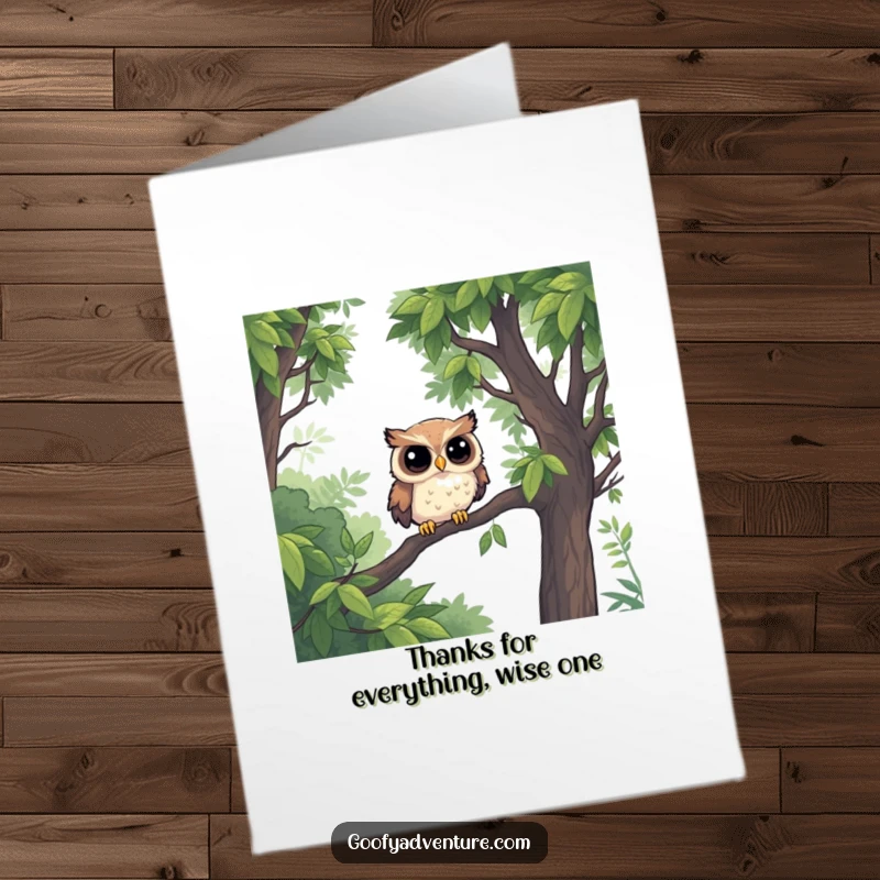 Funny Free Printable Owl Thank You Card: A determined owl bravely navigates a dense jungle of oversized leaves. Downloadable gift.