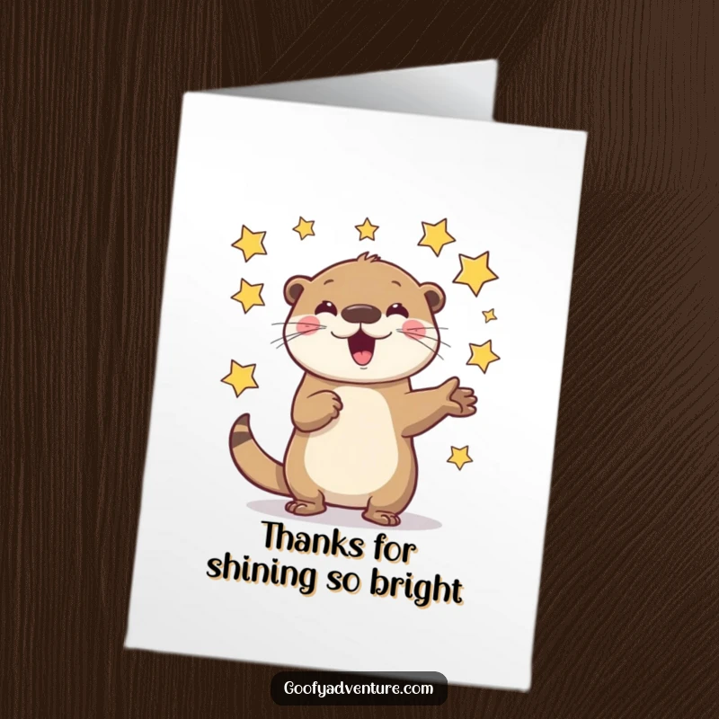 Funny Free Printable Thank You Card: Playful otter enthusiastically juggles flying stars, sharing joy.