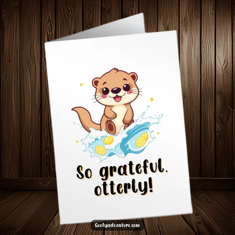 Funny Free Printable Thank You Card: Otter gleefully surfs a lemonade wave, expressing thanks with zest.
