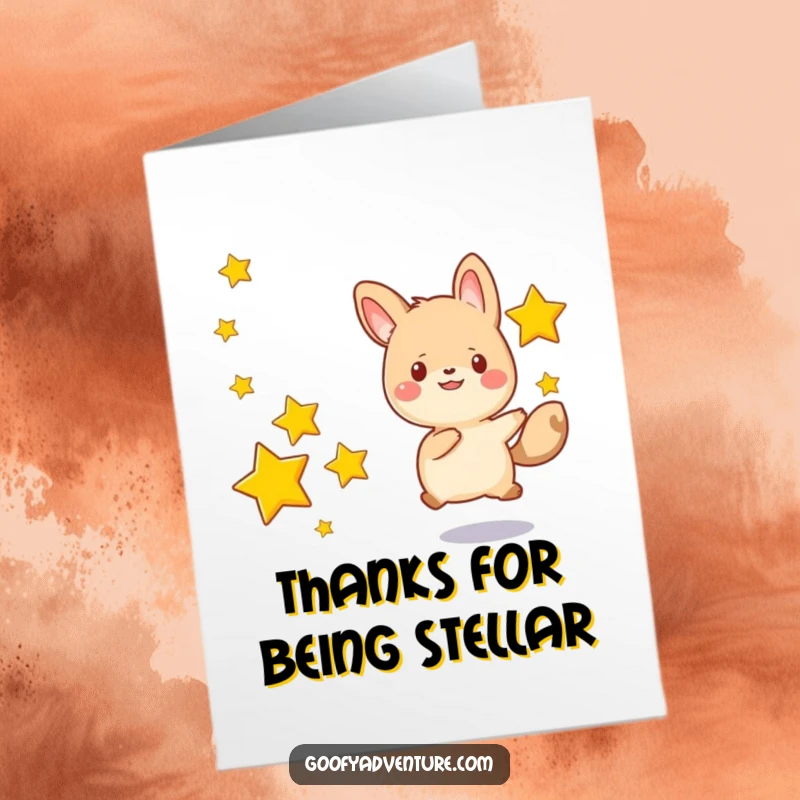 Funny Free Printable Thank You Card: Kawaii animal chasing stars, expressing gratitude with a charming downloadable design.