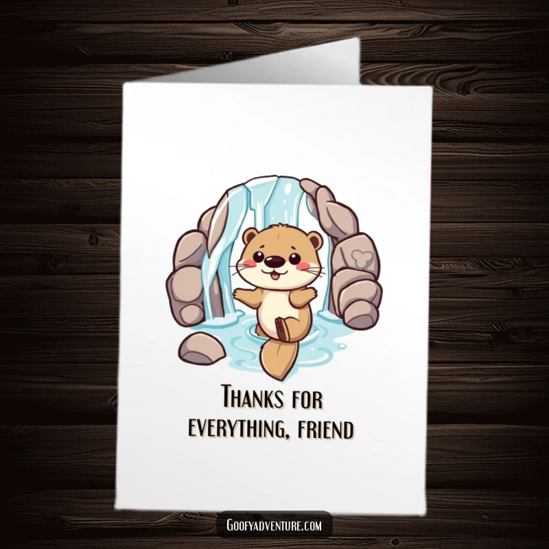 Funny Free Printable Thank You Card: Playful otter sliding down a waterfall entrance, smiling widely with a thank you bubble.