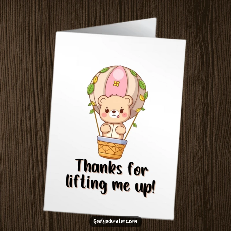 Funny Free Printable Thank You Card: Cute bear character in a hot air balloon adorned with leaves, expressing thanks.