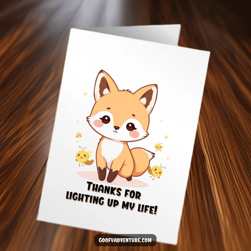 Funny Free Printable Thank You Card: A Kawaii fox leads a cheerful parade of smiling fireflies, conveying thanks.