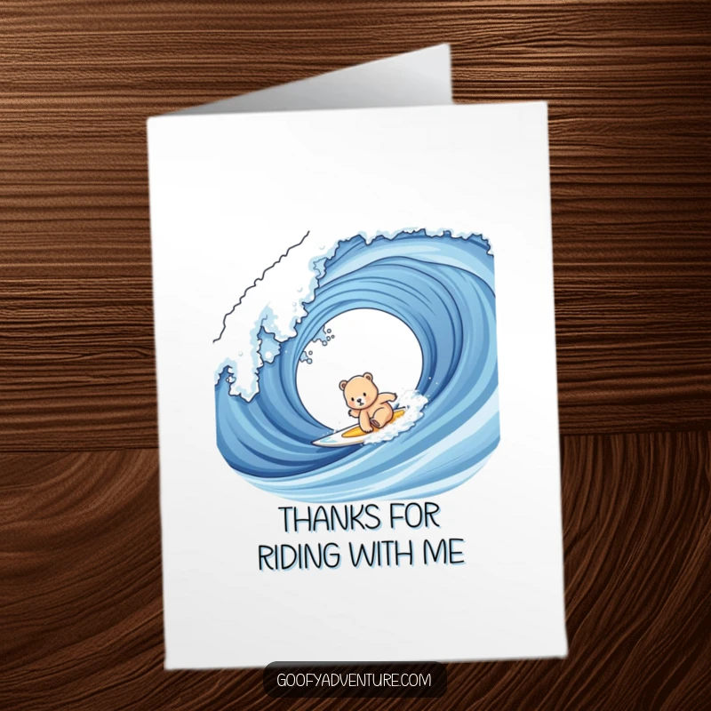Funny Free Printable Thank You Card: A cute bear cub on a surfboard, giving thanks after riding a huge wave.