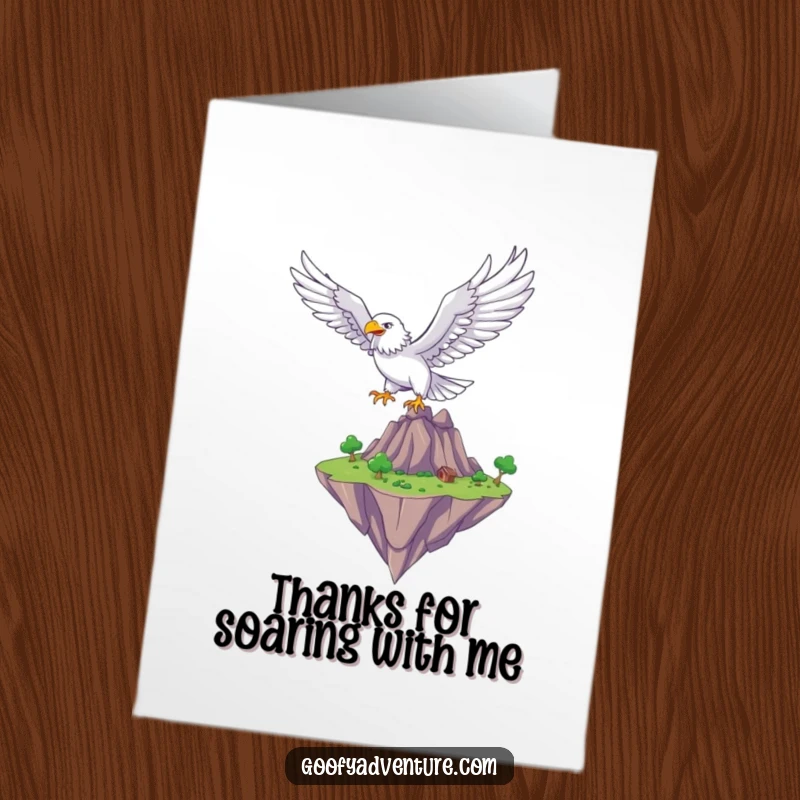 Funny Free Printable Thank You Card: Majestic eagle character flying gracefully over a fantasy floating island, conveying deep thanks.