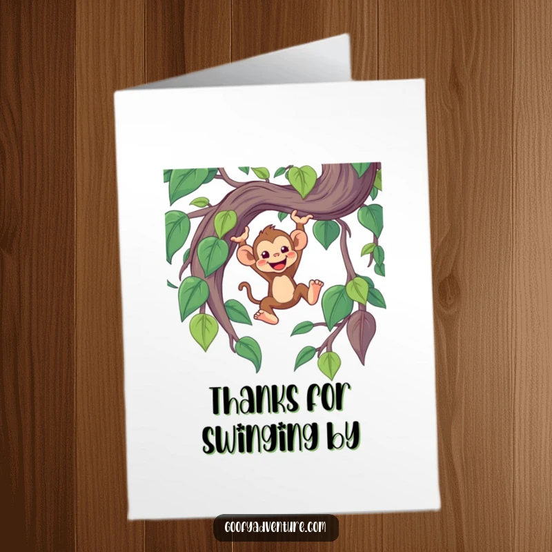 Funny Free Printable Cheerful Monkey Swinging from a Vine Thank You Card, expressing thanks with a playful vibe.