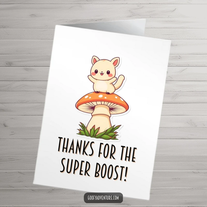Funny Free Printable Thank You Card: Kawaii animal joyfully jumps over a mushroom, conveying heartfelt thanks.