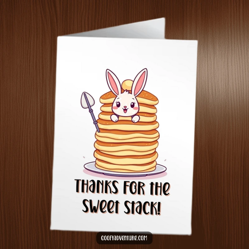 Funny Free Printable Bunny Thank You Card: Brave bunny climbing pancakes, expressing thanks with a sweet, humorous touch.