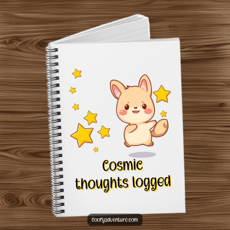 Funny kawaii animal character happily chasing after a series of drifting stars, a humorous and inspiring notebook for ideas.
