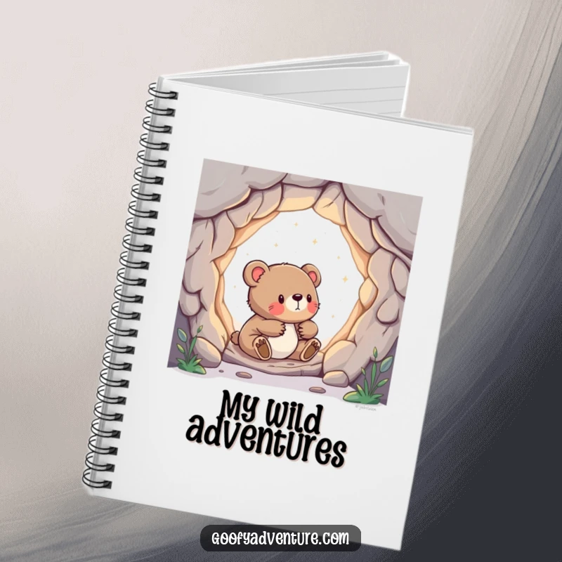 Funny notebook with a curious bear cub discovering a portal, ideal for jotting down ideas.