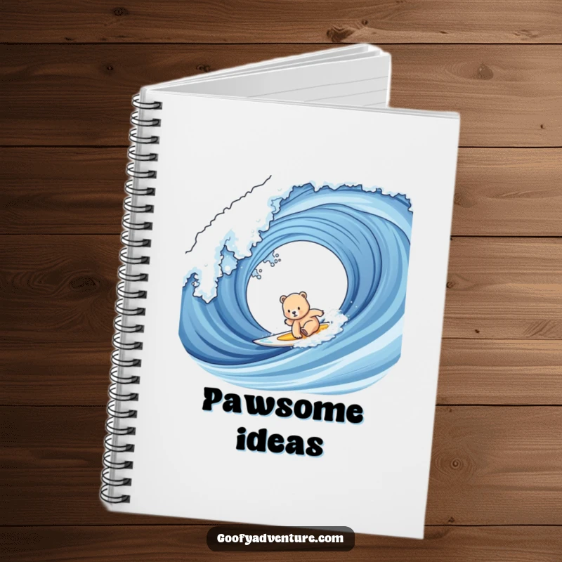 Funny bear cub surfing notebook with a cute cub attempting to ride a giant wave, ready to capture notes.