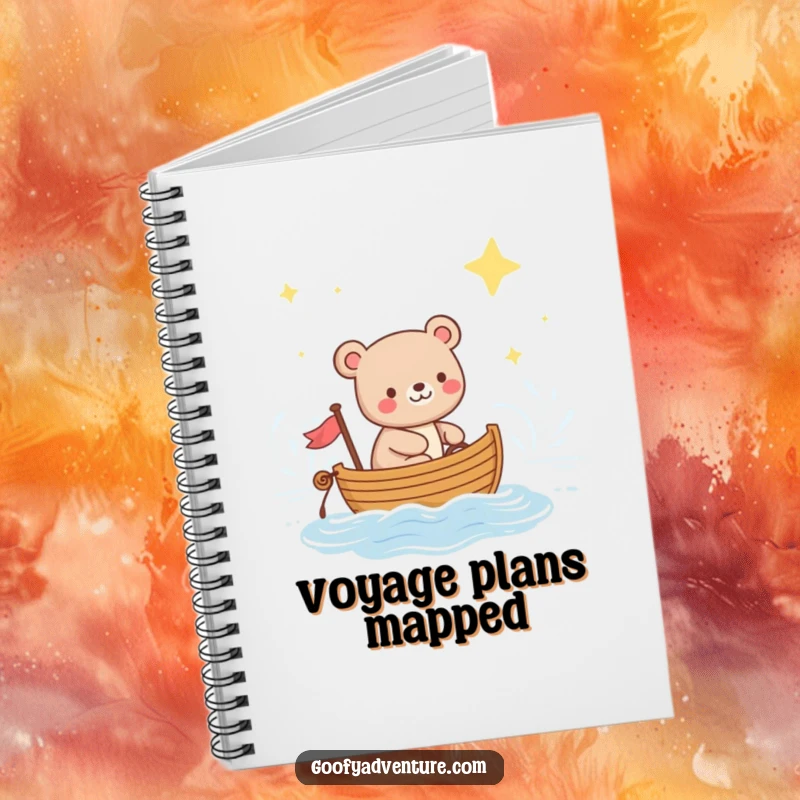 Funny notebook cover with a happy bear sailing a boat across a starry ocean, ready to hold your thoughts and dreams.