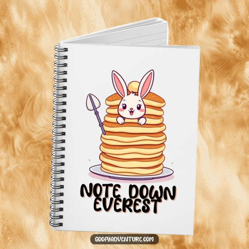 Funny Bunny notebook, bravely scaling a colossal, wobbly stack of pancakes, ideal for recording daring ideas.