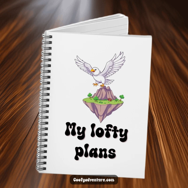 Funny eagle soaring over a fantasy floating island, spiral notebook, fantasy theme, great funny gift.