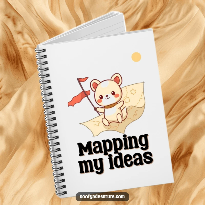 Funny kawaii animal character charting a course on a giant map, perfect for a humorous adventure notebook.