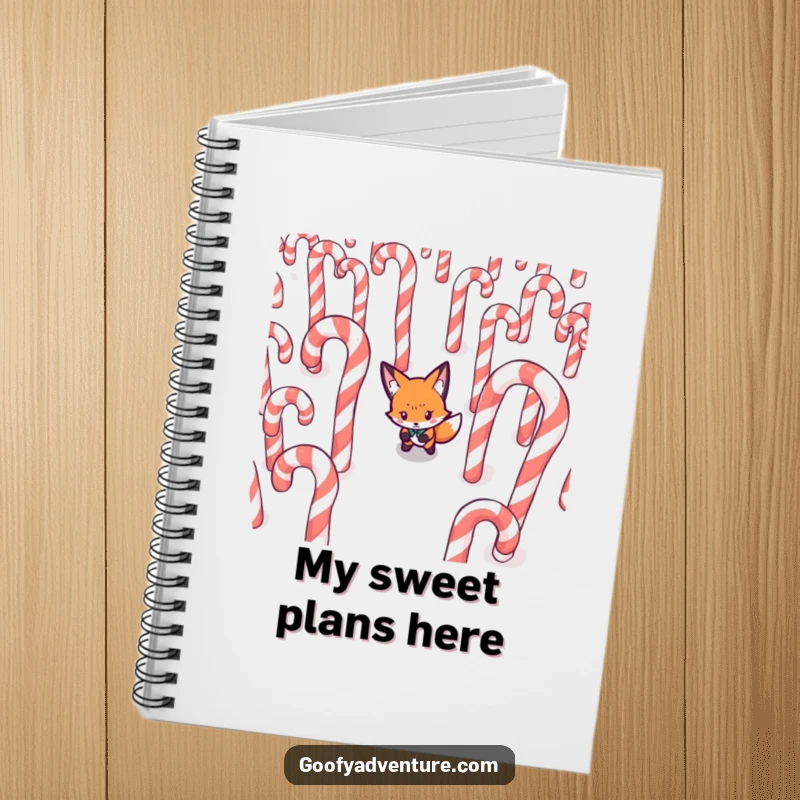 Funny Fox notebook, determinedly navigating a maze made of giant candy canes, ideal for planning and strategizing.