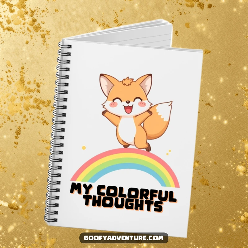 Funny fox rainbow leap notebook with a happy fox mid-leap over a bright rainbow, ready to capture ideas.