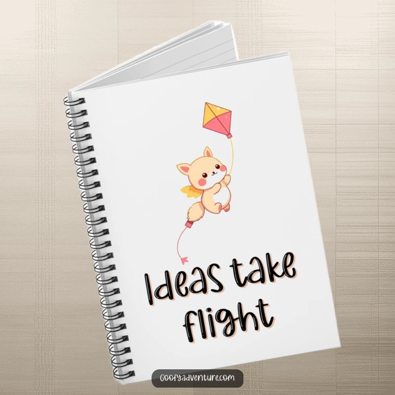 Funny kawaii animal character soaring through the sky on a colorful kite, a humorous and inspiring notebook for ideas.