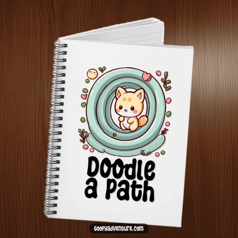 Funny kawaii animal character playfully navigating a whimsical maze, a humorous and inspiring notebook for ideas.