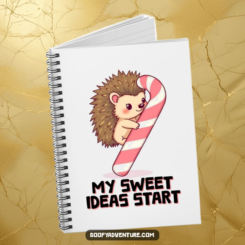 Funny Kawaii hedgehog ascending a giant, whimsical candy cane on a notebook cover, ideal for note-taking.