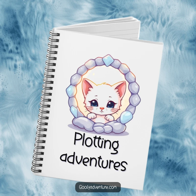 Funny kitten character peeking into a glowing, mysterious portal on a notebook cover, inspiring imaginative writing and note-taking.