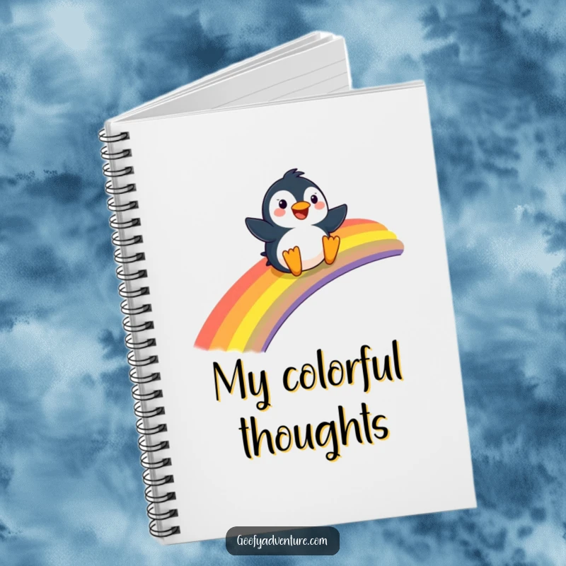 Funny Penguin notebook, joyfully sliding down a giant rainbow, ideal for capturing happy thoughts.