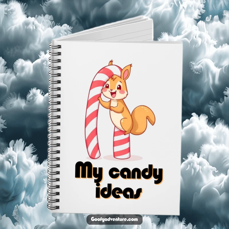 Funny squirrel candy cane notebook, depicting a happy squirrel gleefully scaling a giant candy cane, ideal for journaling sweet goals.