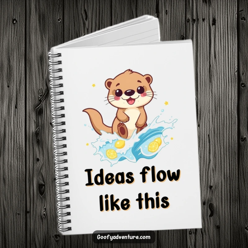 Funny otter character surfing a refreshing wave of lemonade on a notebook cover, inspiring bright ideas and joyful writing.
