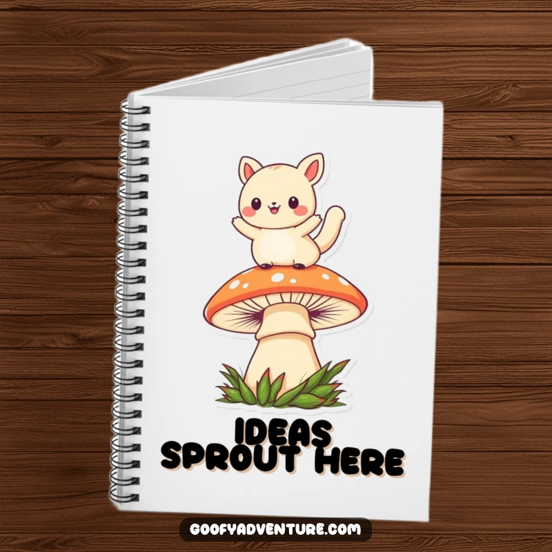 Funny kawaii animal character mid-jump over a large mushroom, on the cover of a whimsical notebook.