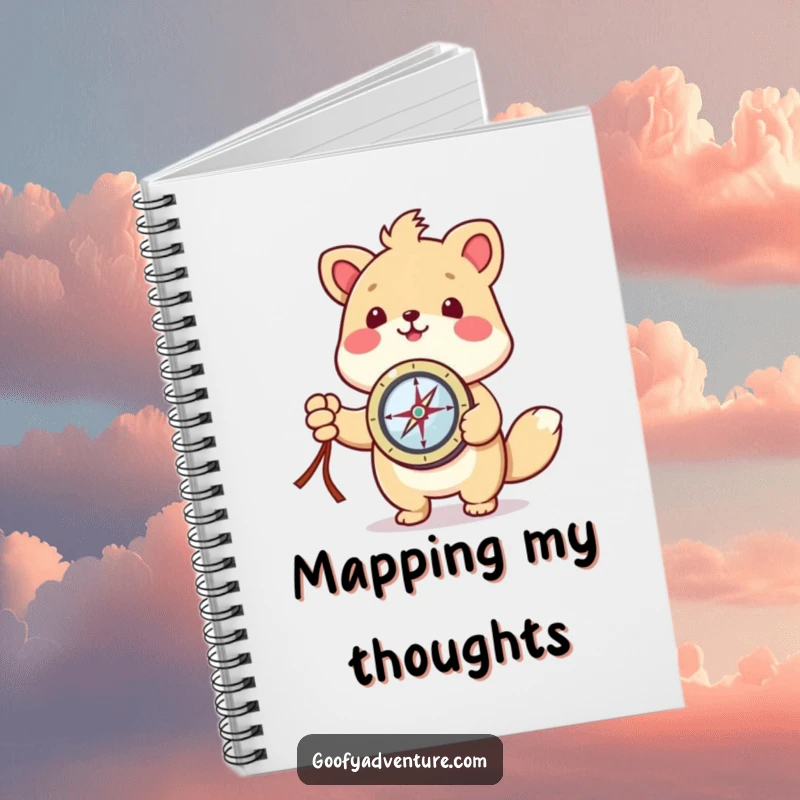Funny kawaii animal character holding a compass and pointing to a destination, on the cover of a notebook.