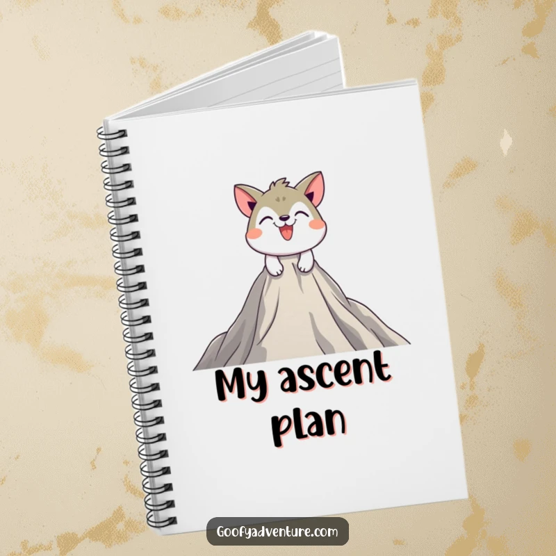 Funny notebook with a playful animal character determinedly scaling a huge peak with a grin, designed for documenting ambitions.