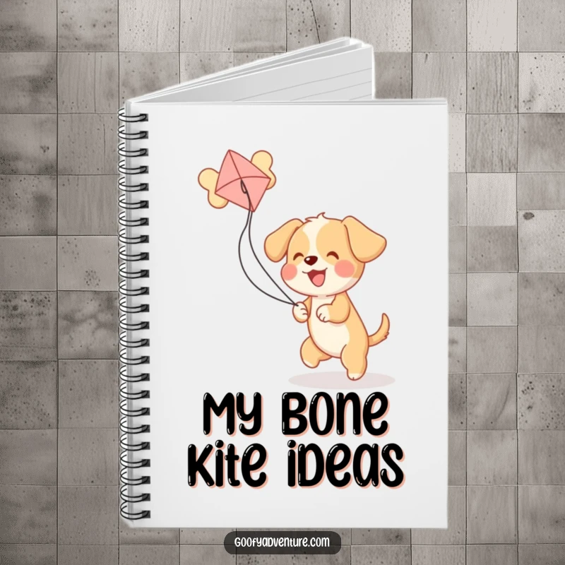 Funny puppy character flying a bone kite on a notebook cover, perfect for jotting down humorous thoughts.