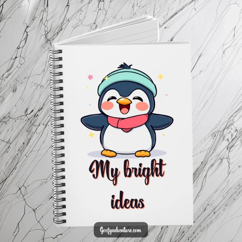 Funny notebook with a joyful penguin playing under the aurora borealis lights, ideal for jotting down ideas.