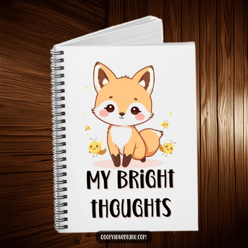 Funny kawaii fox leading a parade of smiling fireflies, inside this cute notebook for writing.