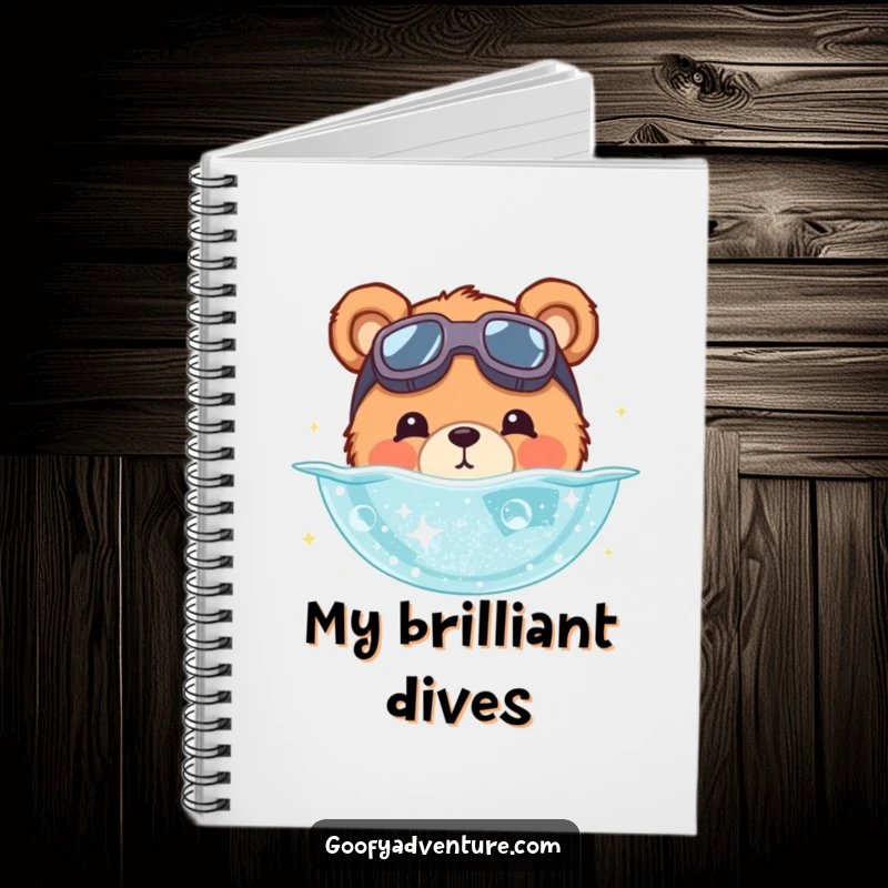 Funny bear notebook depicting a cute bear with goggles diving into a pool of stardust. Great for cosmic journaling.